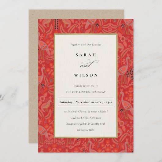 Red Classy Flora Peacock Vow Renewal Noite Bedankkaart (Voorkant / Achterkant)