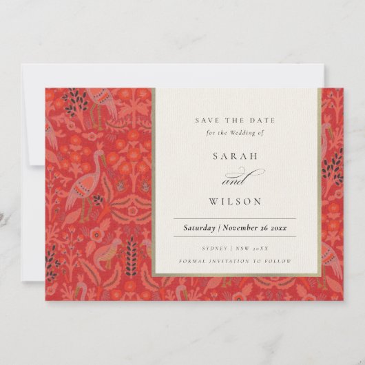  Red Classy Floral Peacock sparen de datum Kaart (Voorkant)