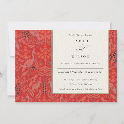  Red Classy Floral Peacock Wedding Invite Bedankkaart (Voorkant)