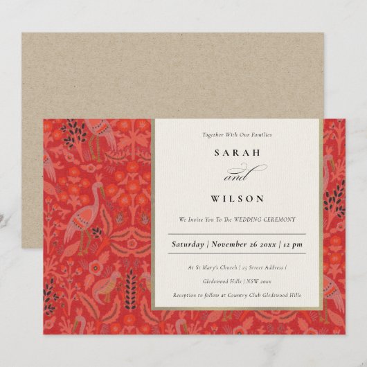  Red Classy Floral Peacock Wedding Invite Bedankkaart (Voorkant / Achterkant)