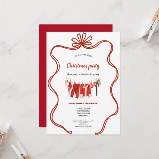 Red clothesline christmas invitation kaart (Voorkant / Achterkant in situ)