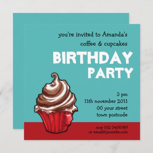 Red Coffee Cupcake blauwgroen uitnodiging (Voorkant / Achterkant)