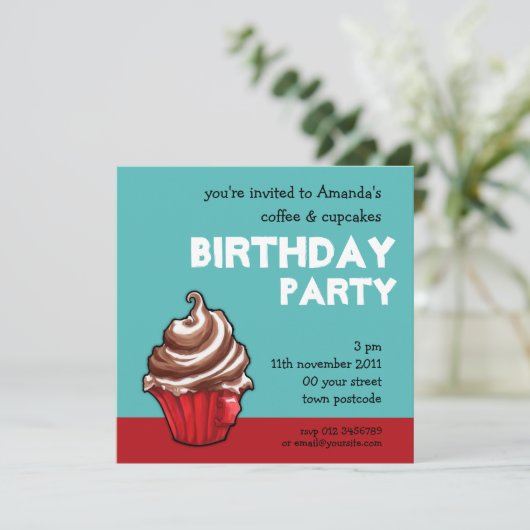 Red Coffee Cupcake blauwgroen uitnodiging (Staand voorkant)