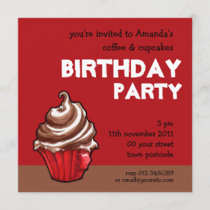 Red Coffee Cupcake Red Birthday Invitation Kaart