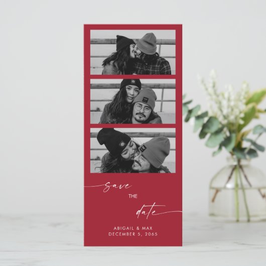 Red Collage B/W Photo Long Wedding Save the Date (Staand voorkant)