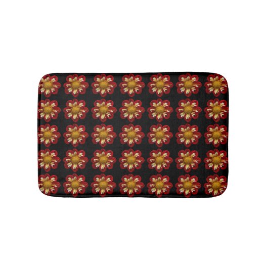 Red Collarette Dahlia Floral Pattern on Black Badmat (Voorkant)