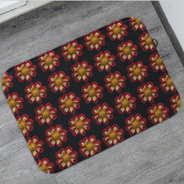 Red Collarette Dahlia Floral Pattern on Black Badmat