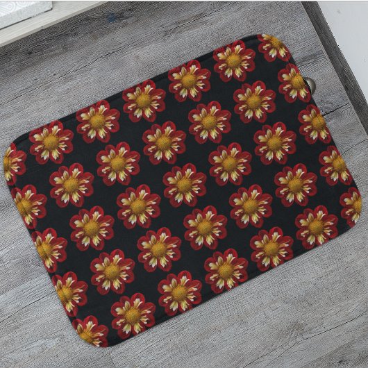 Red Collarette Dahlia Floral Pattern on Black Badmat