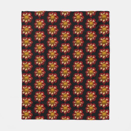 Red Collarette Dahlia Floral Pattern on Black Fleece Deken (Voorkant)
