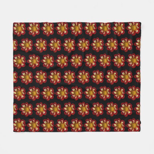 Red Collarette Dahlia Floral Pattern on Black Fleece Deken (Voorkant (Horizontaal))