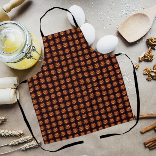 Red Collarette Dahlia Floral Pattern on Black Schort