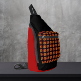 Red Collarette Dahlia Floral Pattern on Black Sling Bag