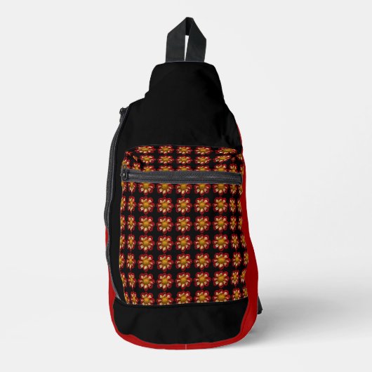 Red Collarette Dahlia Floral Pattern on Black Sling Bag (Voorkant)