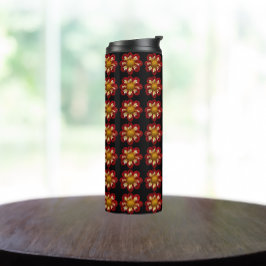 Red Collarette Dahlia Floral Pattern on Black Thermosbeker