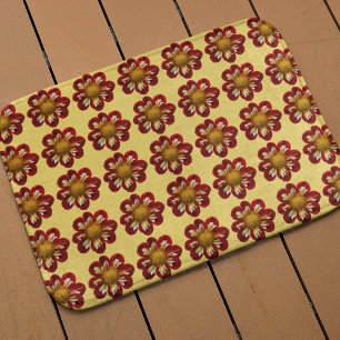 Red Collarette Dahlia Floral Pattern on Yellow Badmat