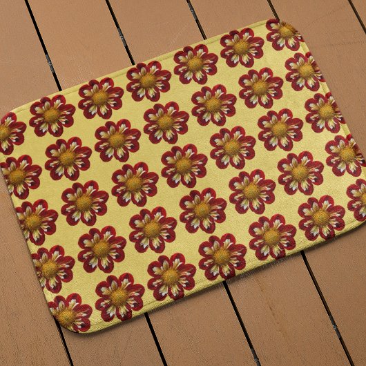 Red Collarette Dahlia Floral Pattern on Yellow Badmat