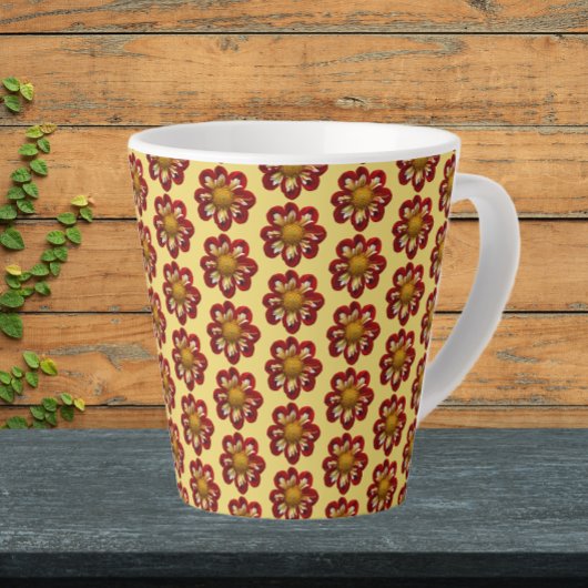 Red Collarette Dahlia Floral Pattern on Yellow Latte Mok
