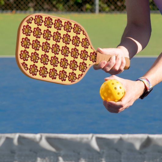 Red Collarette Dahlia Floral Pattern on Yellow Pickleball Paddle (Insitu)