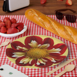 Red Collarette Dahlia op de Gele Floral Papieren Bordje