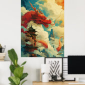 Red Comic Style Chinese Dragon Poster (Thuiskantoor)