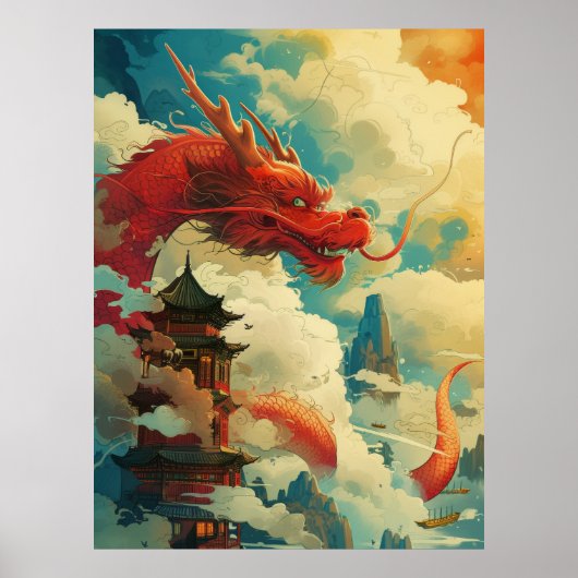 Red Comic Style Chinese Dragon Poster (Voorkant)