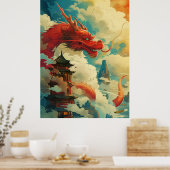 Red Comic Style Chinese Dragon Poster (Keuken)