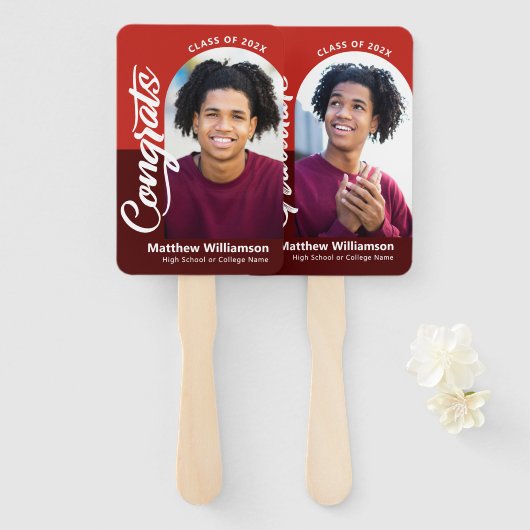 Red Congrats Afstudeerder 2 Foto's Arch Bold Scrip Handwaaier (Voorkant en achterkant)