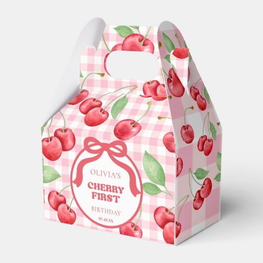 Red Coquette Bow Cherry First Birthday Party Bedankdoosjes (Voorkant Zijde)