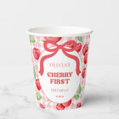 Red Coquette Bow Cherry First Birthday Party Papieren Bekers (Achterkant)