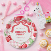 Red Coquette Bow Cherry First Birthday Party Papieren Bordje (Feest)