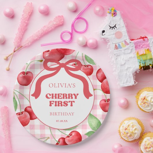 Red Coquette Bow Cherry First Birthday Party Papieren Bordje (Feest)