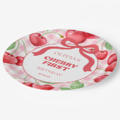 Red Coquette Bow Cherry First Birthday Party Papieren Bordje (Gekanteld)
