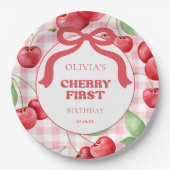 Red Coquette Bow Cherry First Birthday Party Papieren Bordje (Voorkant)