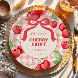 Red Coquette Bow Cherry First Birthday Party Papieren Bordje