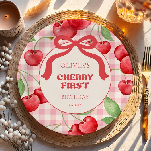Red Coquette Bow Cherry First Birthday Party Papieren Bordje