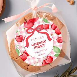 Red Coquette Bow Cherry First Birthday Party Ronde Sticker