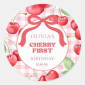 Red Coquette Bow Cherry First Birthday Party Ronde Sticker (Voorkant)