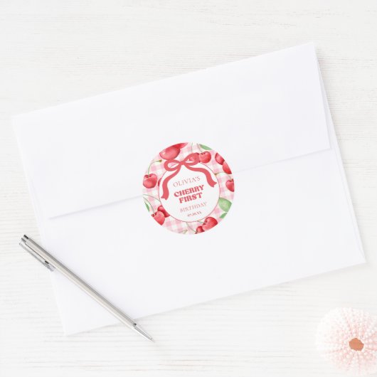 Red Coquette Bow Cherry First Birthday Party Ronde Sticker (Envelop)