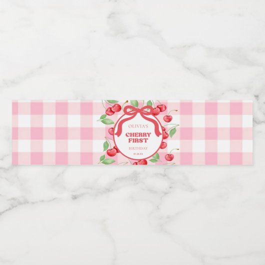 Red Coquette Bow Cherry First Birthday Party Waterfles Etiket (Enkel label)
