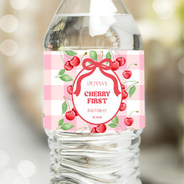 Red Coquette Bow Cherry First Birthday Party Waterfles Etiket