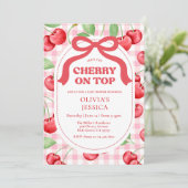 Red Coquette Bow Cherry On Top Baby Shower Party Kaart (Staand voorkant)