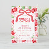 Red Coquette Bow Cherry On Top Birthday Party Kaart (Staand voorkant)