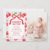 Red Coquette Bow Cherry On Top Birthday Photo Kaart (Voorkant)