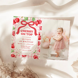 Red Coquette Bow Cherry On Top Birthday Photo Kaart