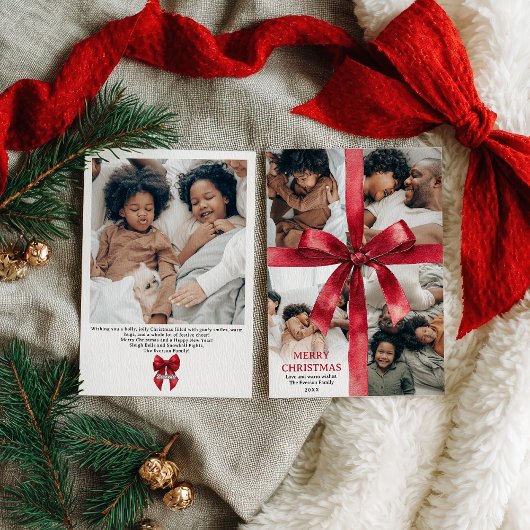 Red Coquette Bow Christmas Winter 5 Photo Feestdagenkaart