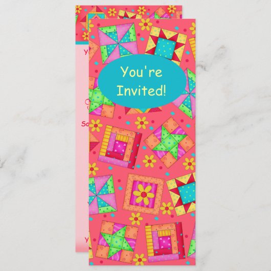 Red Coral Green Patchwork Quilt Block Art Kaart (Voorkant / Achterkant)