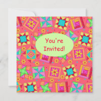 Red Coral Green Patchwork Quilt Block Art