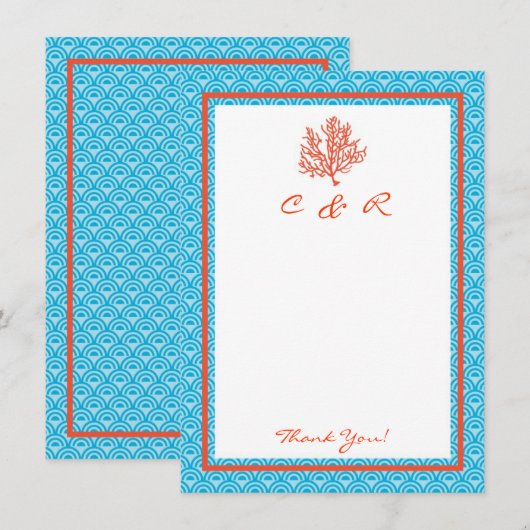 Red Coral Monogram Hartelijk dank Notitiekaartje (Voorkant / Achterkant)