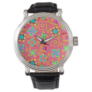 Red Coral Patchwork Quilt Art Blocks Horloge