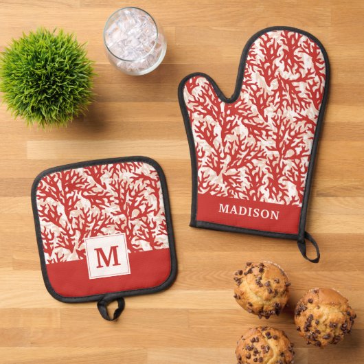 Red Coral Pattern 2 Ovenwant & Pannenlap Set (Top down)